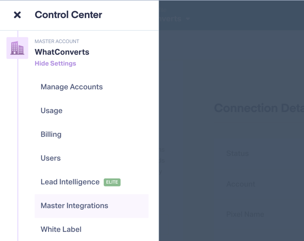 Where to find Master Account integrations in WhatConverts