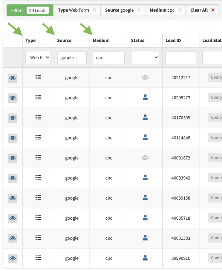 WhatConverts leads by Type, Source, and Medium.