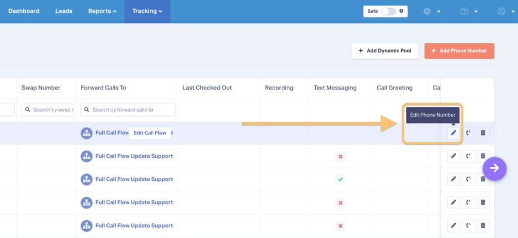 Screenshot showing how to edit numbers in the Phone Numbers menu in WhatConverts. Here you can activate added features like Lead Analysis.