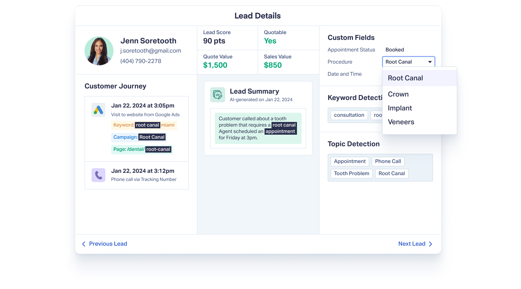 The Lead Details from the WhatConverts application is shown, with a lead summary included