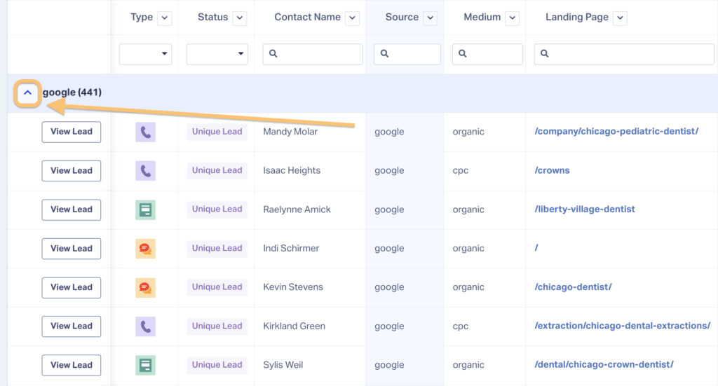 Image showing how to see leads within a certain lead group inside WhatConverts, helping marketers to qualify leads faster.