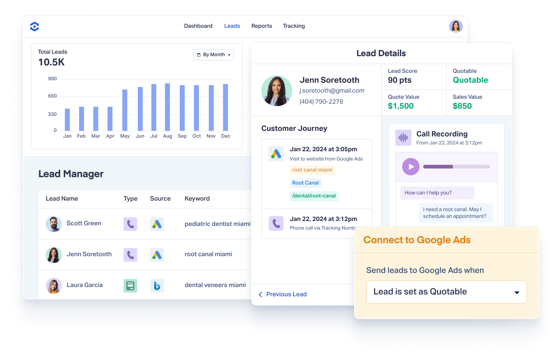 WhatConverts application is shown, specifically the Lead Manager, Lead Details, and a section for connecting to Google Ads