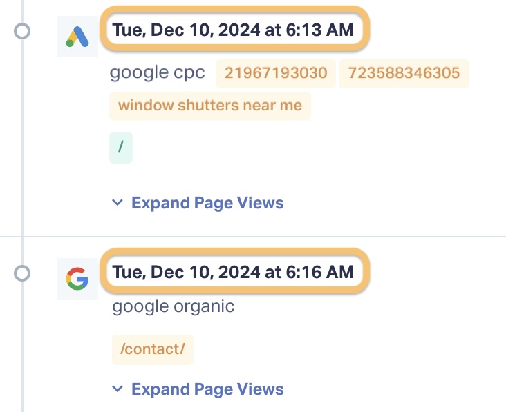 This image shows a zoomed in version of the Customer Journey for the lead in the example. Here you can see the lead interacted with the remarketing ad and then searched for the company organically just seconds later, further emphasizing that the remarketing ad deserves the credit.