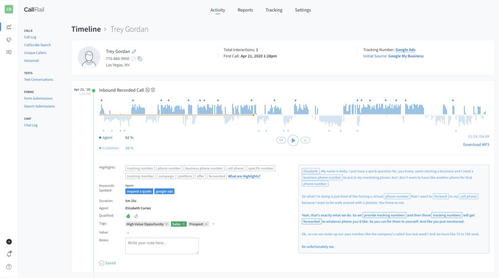 Screenshot of the CallRail product platform.