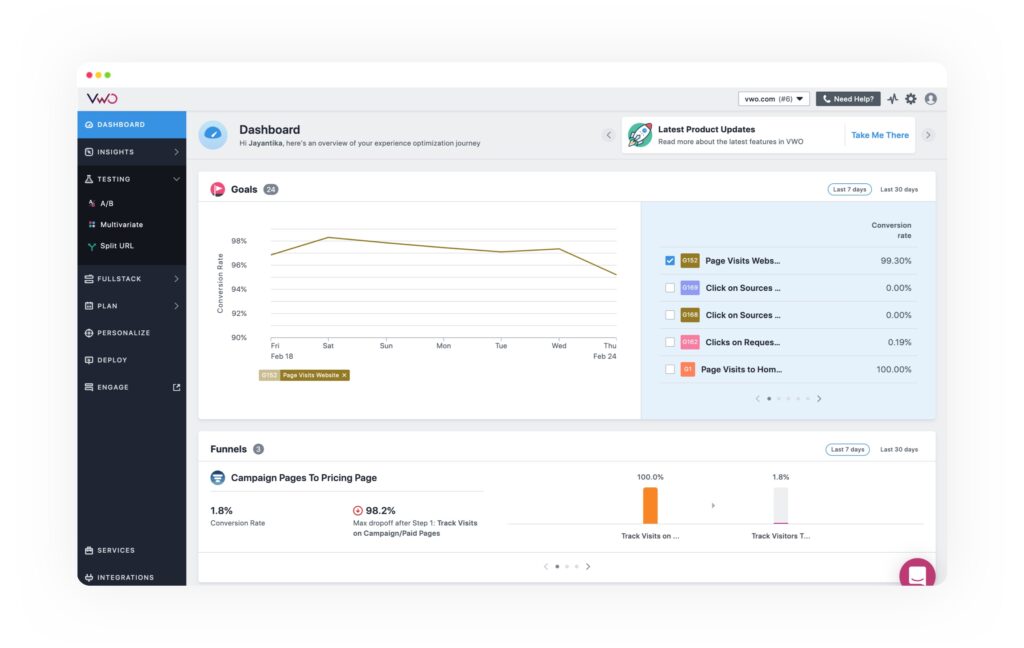 Screenshot of the VWO product platform.