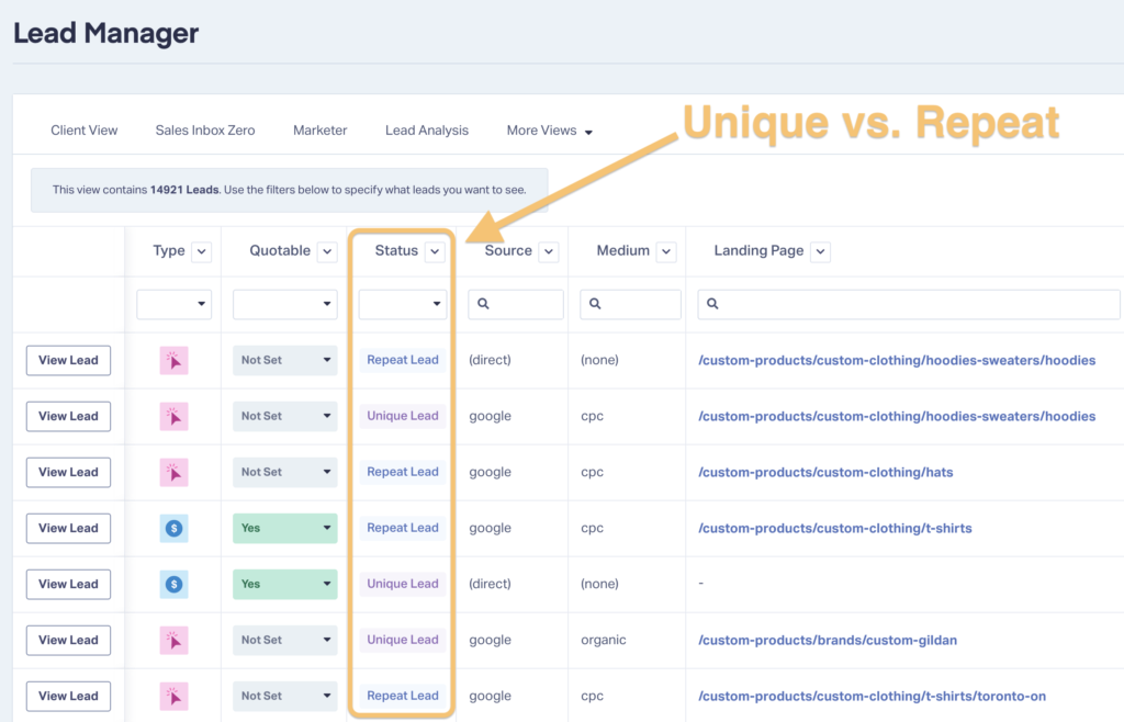 Screenshot showing where to find unique vs. repeat lead labels in WhatConverts.