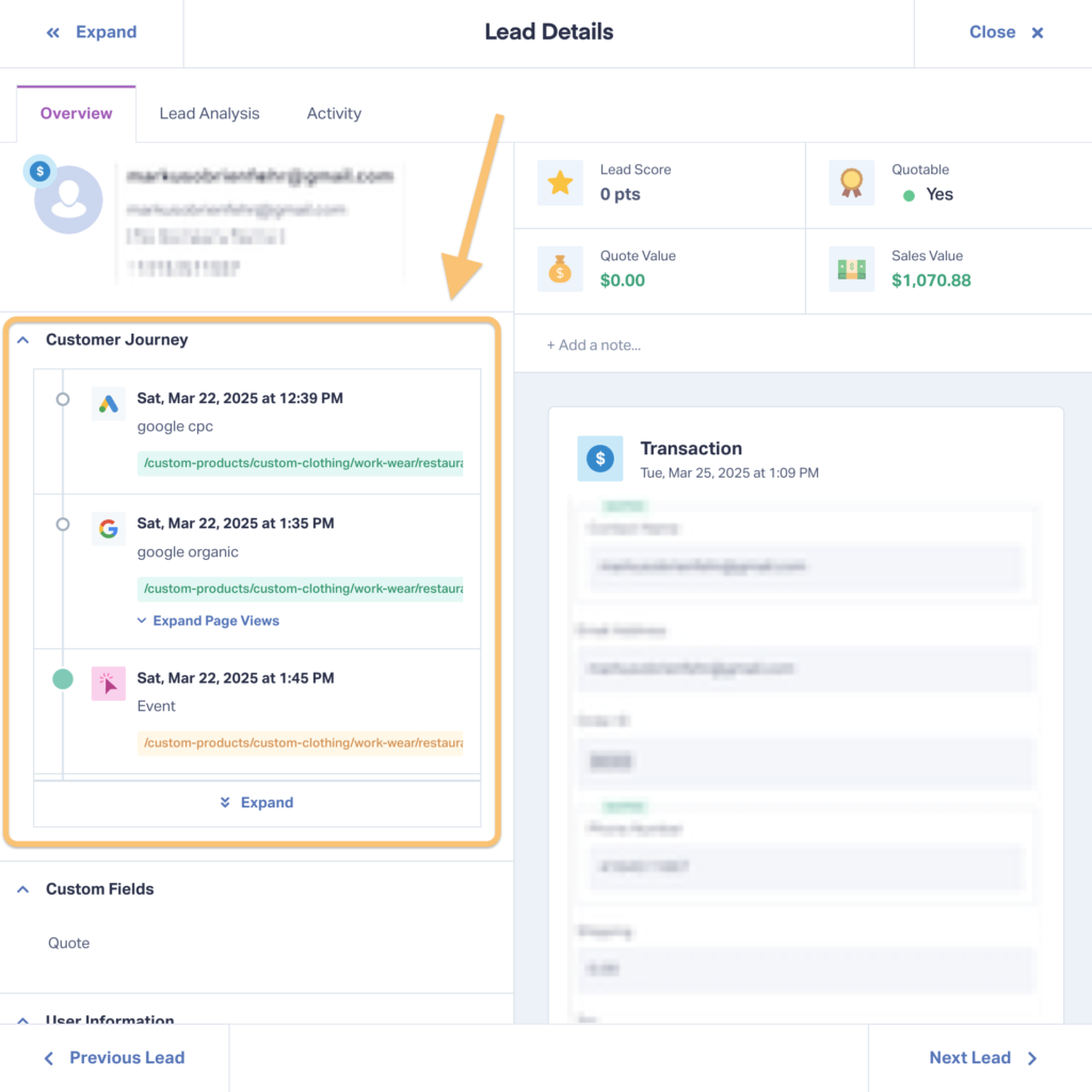 Screenshot of where to find the Customer Journey inside the Lead Details page in WhatConverts.