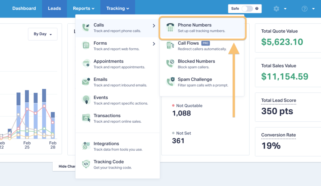 Screenshot of how to find Phone Numbers in WhatConverts to set up GMB call tracking.
