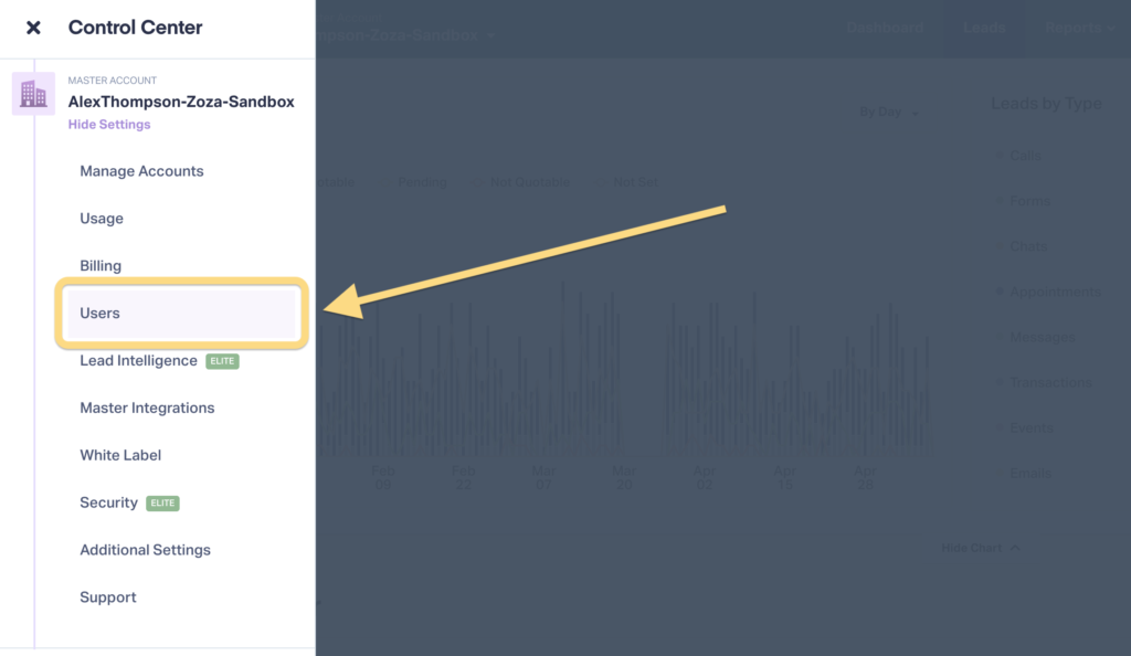 Screenshot of how to access the Users settings inside WhatConverts.