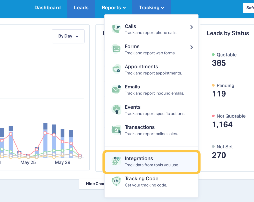 Screenshot of WhatConverts showing how to find the Integrations setting in your account by going to Tracking and then Integrations.